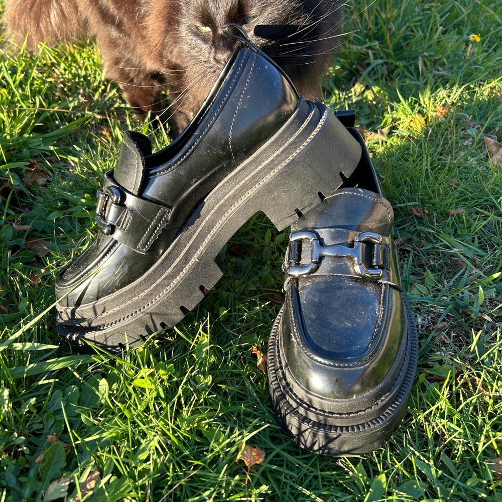Madden Girl Glossy Black Loafers with Chunky Sole